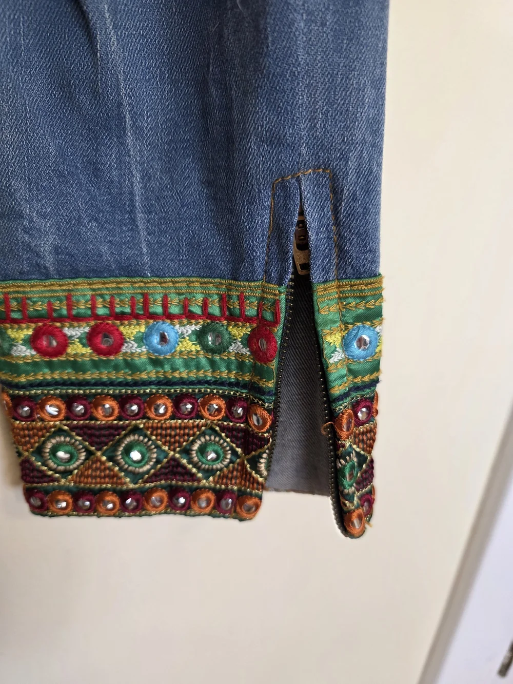 Desigual Light Blue Skinny Jeans with Colorful Embroidered Cuffs